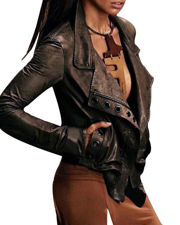 Camel Solid Pockets Vintage PU Jackets