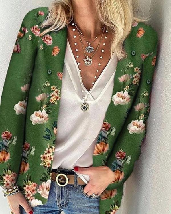 Green Print Open Front Short Sweater Cardigan