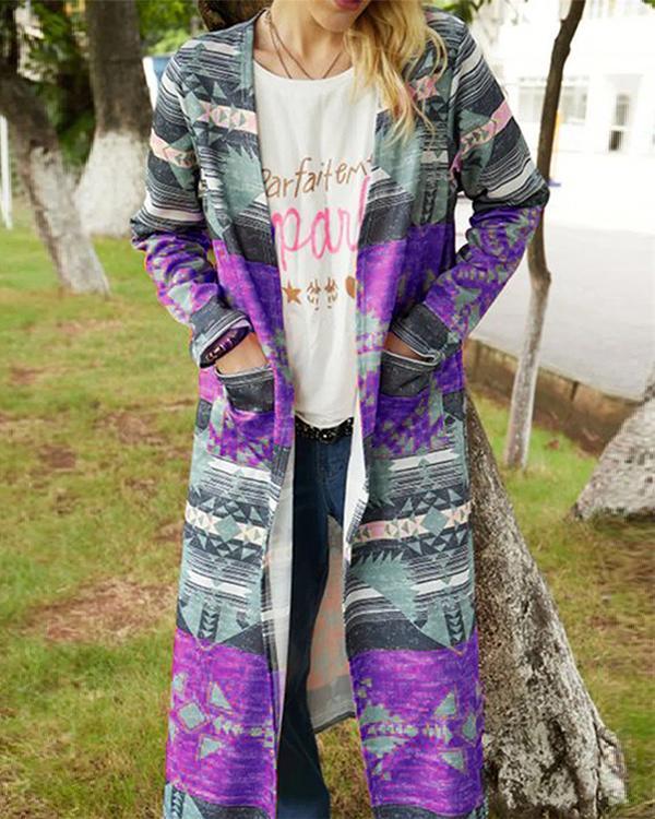 Vintage Geometric Colorful Long Autumn Fashion Coat