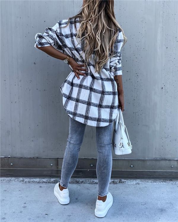 Long Sleeve Plaid Shirt Mid-length Coat