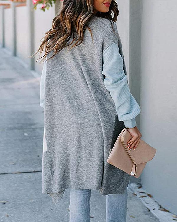 Fashion Straight Color Block Knit Sweater Cardigan Long Coat