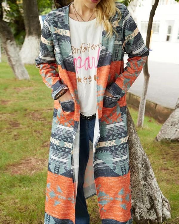 Vintage Geometric Colorful Long Autumn Fashion Coat
