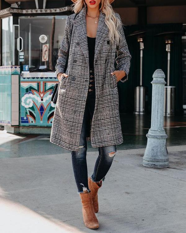 Women Plaid Long Woolen Coat