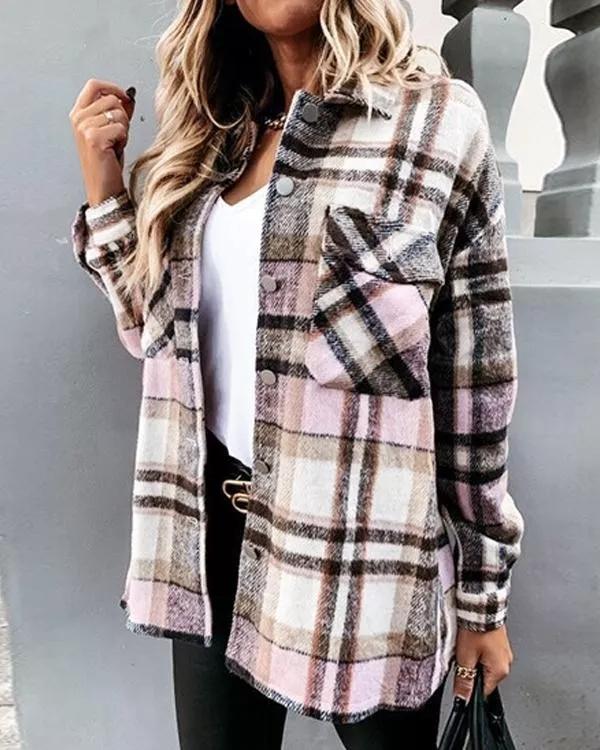 Loose casual retro plaid long-sleeved shirt jacket