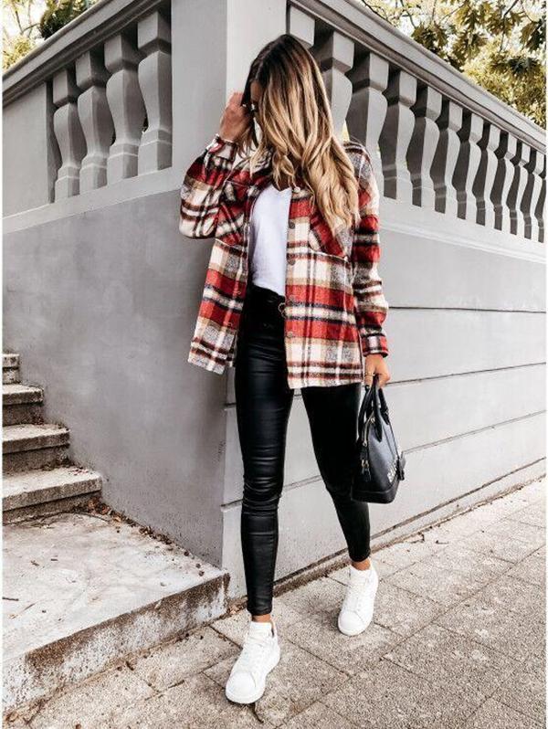 Loose casual retro plaid long-sleeved shirt jacket