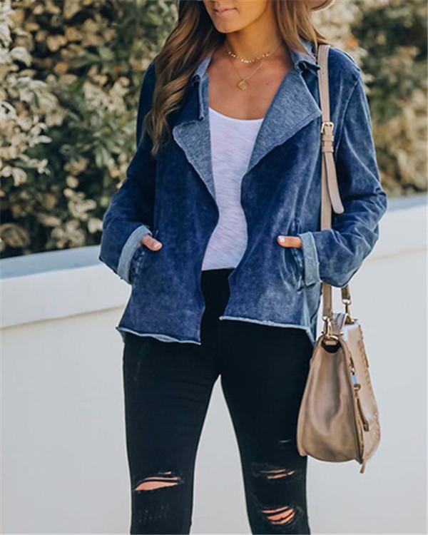 Washed Denim Wide Collar Pocket Jacket