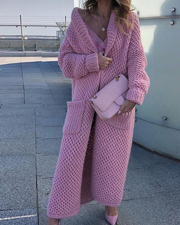 Solid Knitting Warm Cardigan Winter Long Coat With Pockets