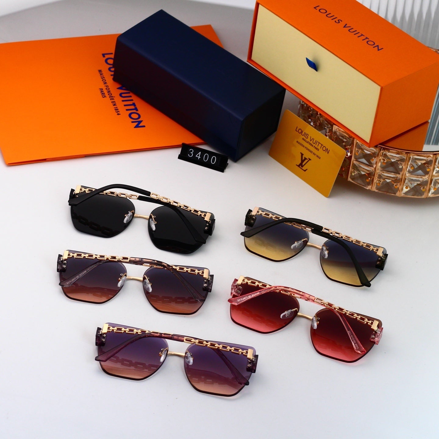 Chain Glow Rimless Sunglasses with Metal Chain Detail (Model 3400)