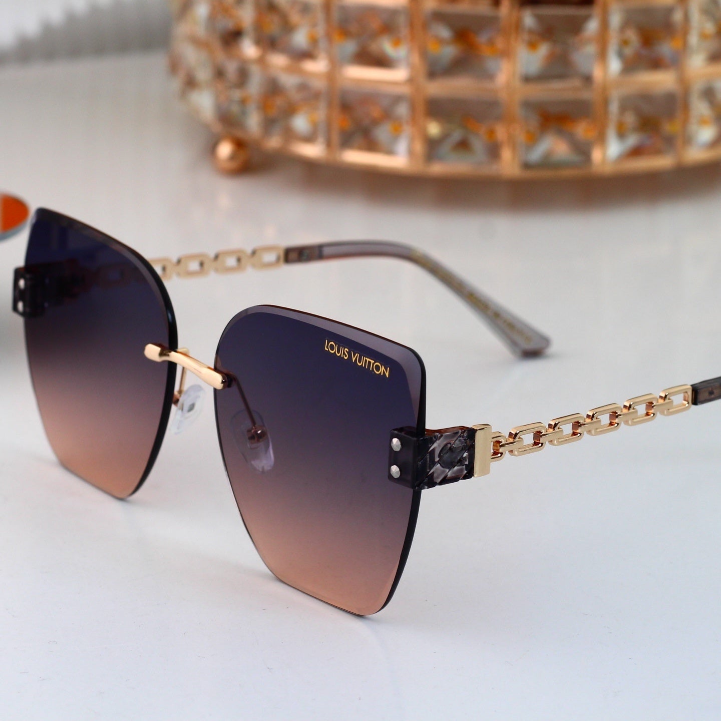 Chain Glow Rimless Sunglasses with Metal Chain Detail (Model 3400)