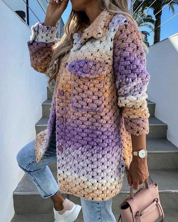 Rainbow Color Woolen-Blend Braided Coat Winter Ombre Outerwear