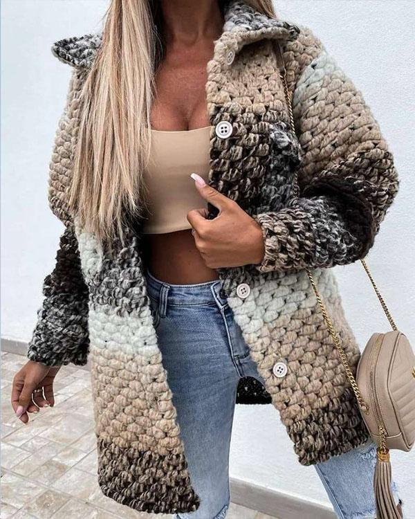 Rainbow Color Woolen-Blend Braided Coat Winter Ombre Outerwear