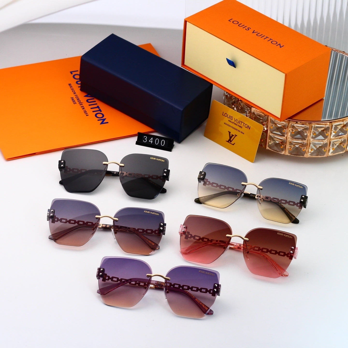 Chain Glow Rimless Sunglasses with Metal Chain Detail (Model 3400)