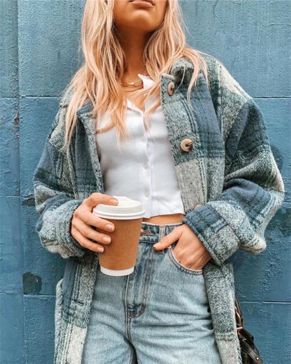 Loose single-breasted checkered lapel