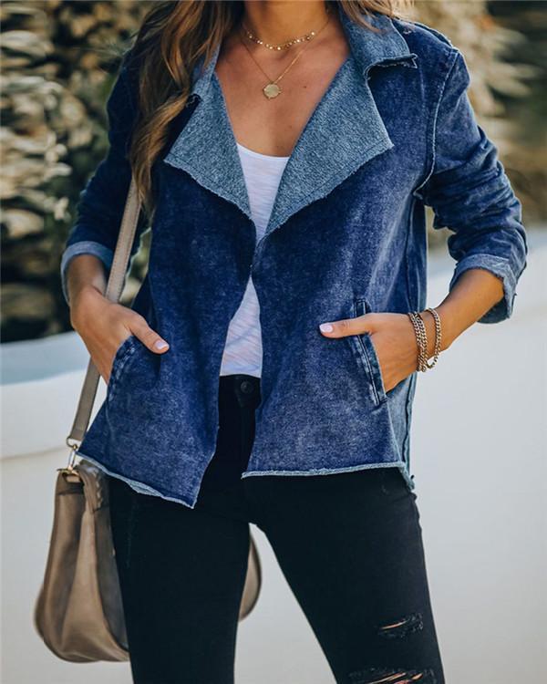 Washed Denim Wide Collar Pocket Jacket