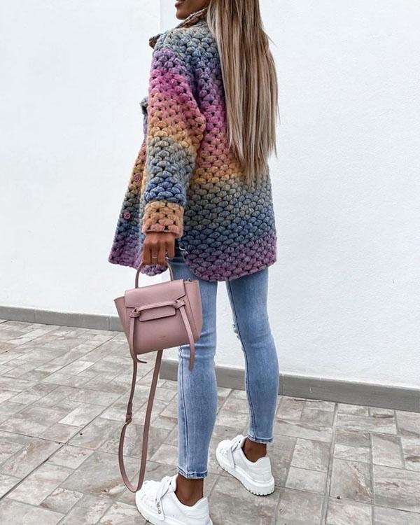 Rainbow Color Woolen-Blend Braided Coat Winter Ombre Outerwear