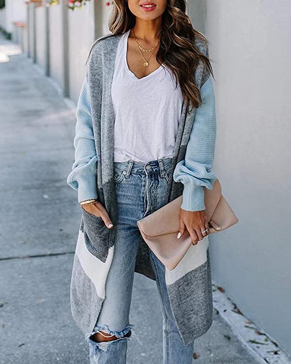 Fashion Straight Color Block Knit Sweater Cardigan Long Coat