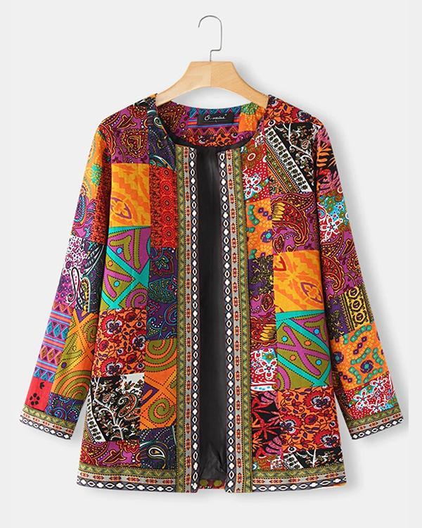 Vintage Ethnic Style Floral Print Plus Size Cotton Jackets