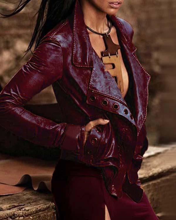 Camel Solid Pockets Vintage PU Jackets