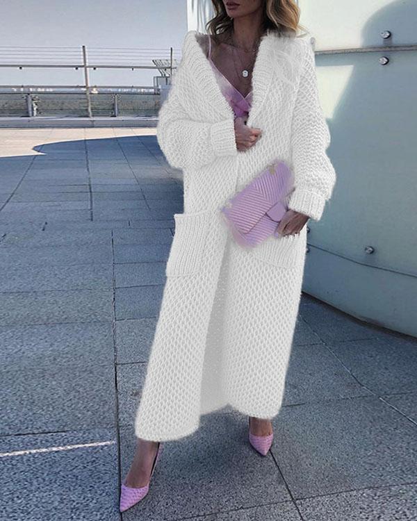 Solid Knitting Warm Cardigan Winter Long Coat With Pockets