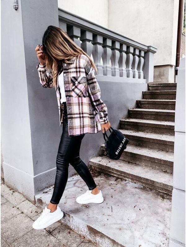 Loose casual retro plaid long-sleeved shirt jacket