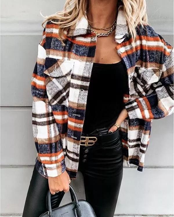 Loose casual retro plaid long-sleeved shirt jacket
