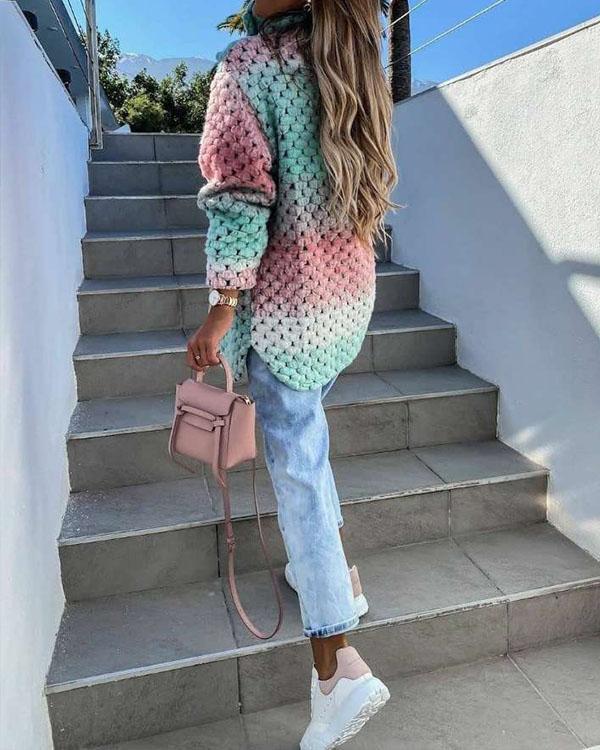 Rainbow Color Woolen-Blend Braided Coat Winter Ombre Outerwear