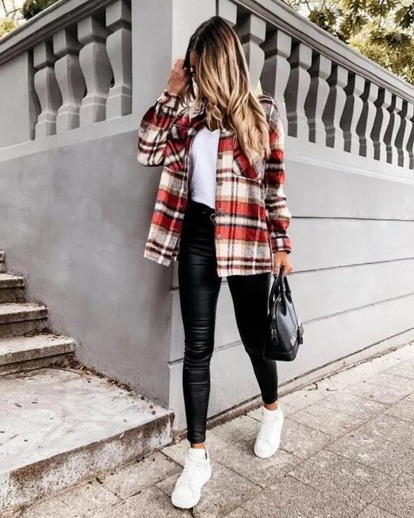 Loose casual retro plaid long-sleeved shirt jacket