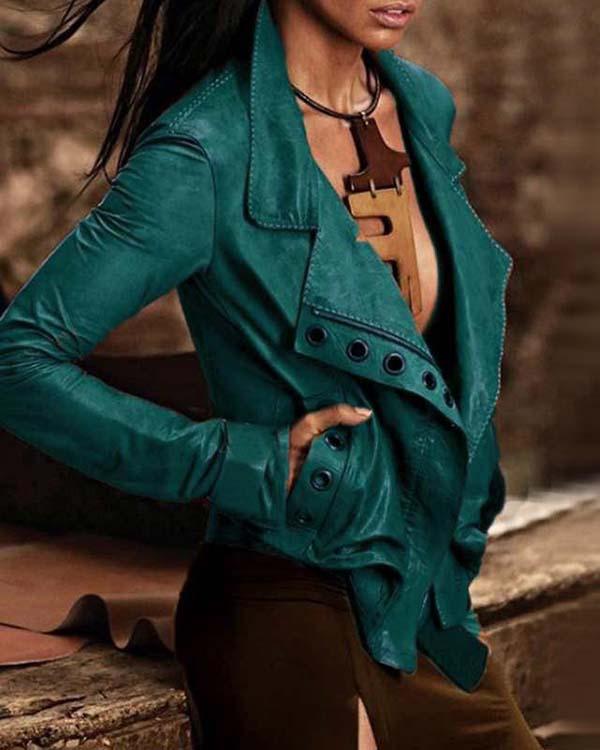 Camel Solid Pockets Vintage PU Jackets